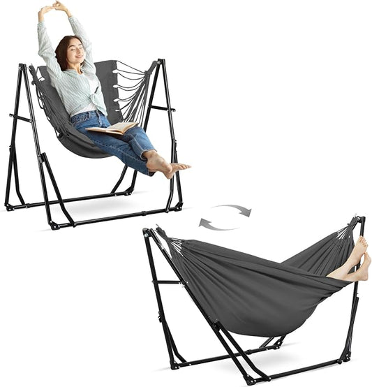 Hammock with Portable Steel Stand and Carrying Bag for Outside,Easy Set Up for Outdoor,Indoor,Backyard,Patio,Camping,Garden,Trip (Grey)