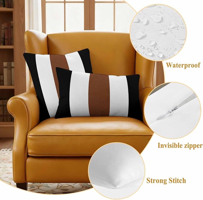 Boho Black Outdoor Waterproof Throw Pillow Covers Set of 2, 26"x26", Brown and White Striped Tribal Farmhouse Style Decorative Pillow Covers Outside Cushion Case for Patio Porch Garden