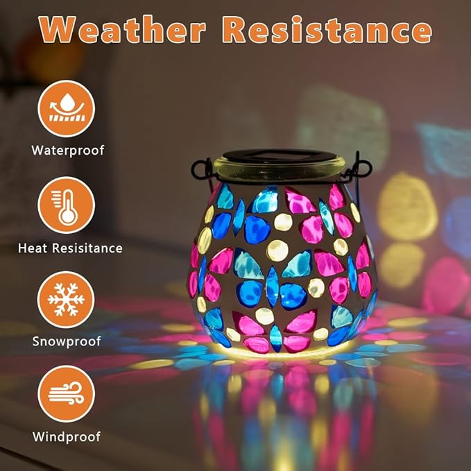 Stargarden 4 Pack Mosaic Solar Lanterns, Glass Hanging Lantern Waterproof Outdoor Hanging Solar Lights Butterfly Decorative Lantern for Garden ,Patio,Yard Decor