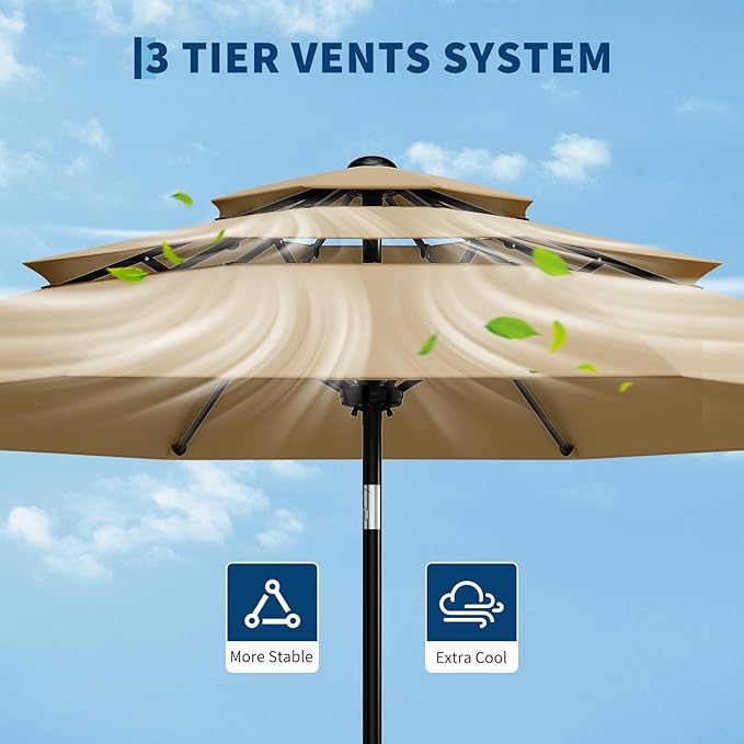 Garvee 10Ft 3-Tier Patio Umbrella, Outdoor Table Umbrella with Vents, Easy Crank and Push Button Tilt, Market Umbrella with 8 Sturdy Ribs for Pool, Deck, Yard, Garden -Tan
