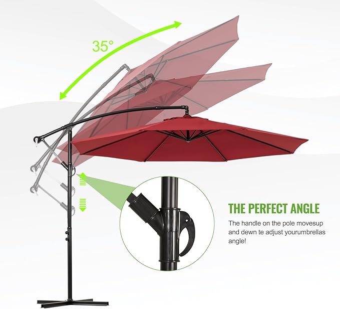 Backyard Expressions 10ft Offset Hanging Patio Umbrella with Crank Lift & Tilt, Outdoor Market Umbrella with UV-Resistant Canopy, Cross Base, and Air Vent for Backyard - Red