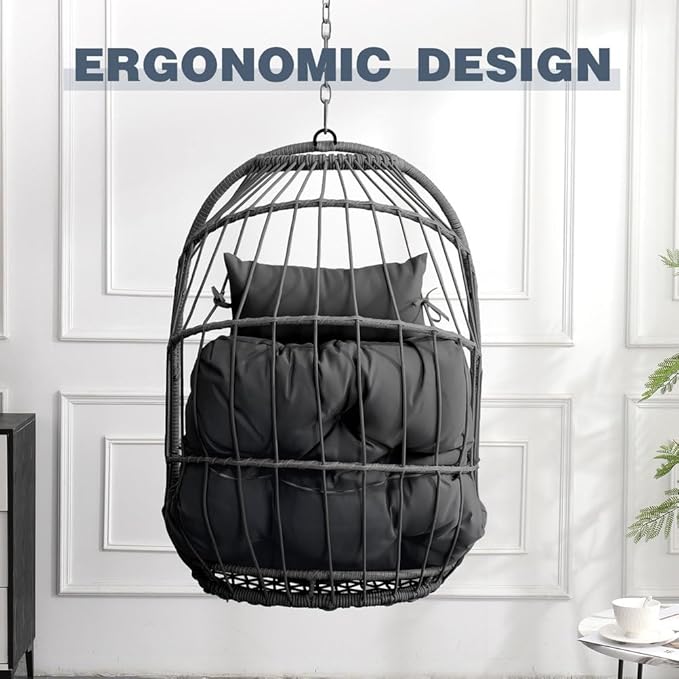 Hanging Egg Chair Without Stand – Foldable Rattan Wicker Swing Chair with Cushion & Headrest, 350lbs Capacity, Ceiling/Tree Mount Kit Included for Indoor Outdoor Use,Gray