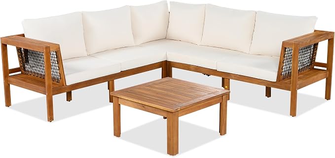 Merax 4 Pieces Patio Furniture Set, Outdoor L-Shaped Sectional Sofa Set with Coffee Table, Acacia Wood Conversation Seating & Thick Cushions and Side Table, for Backyard, Garden and Poolside, Beige