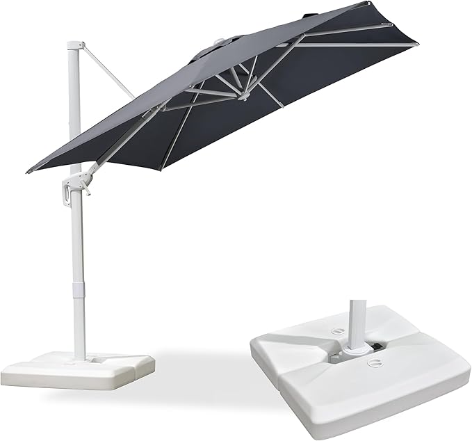 PURPLE LEAF 8 FT Patio Umbrella With Base White Cantilever Umbrella Square Outdoor Offset Umbrella Windproof with 360° Rotation for Garden Deck Pool, Light Grey