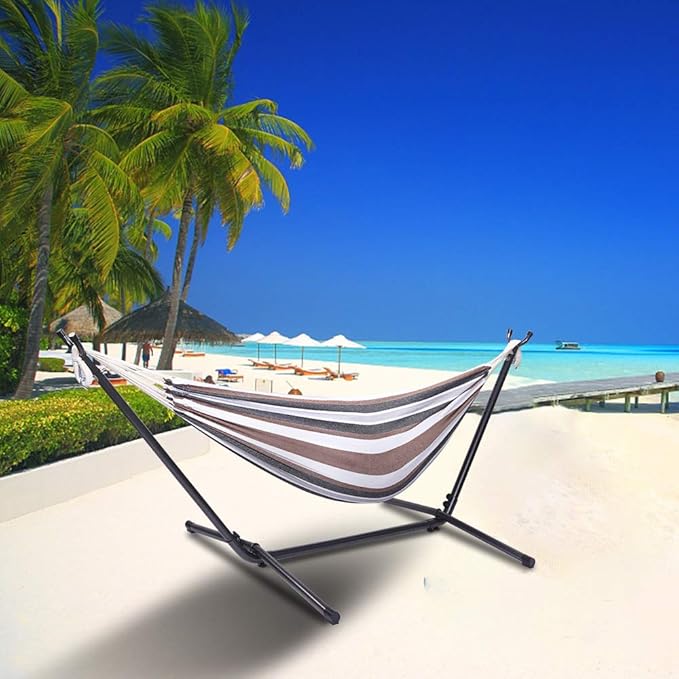 Double Hammock with Space Saving Steel Stand,2 People Standing Hammocks with Portable Carrying Bag,Easy Assembly,330lb Capacity,Perfect for Indoor,Yard,Camping,Garden (Coffee Stripe)