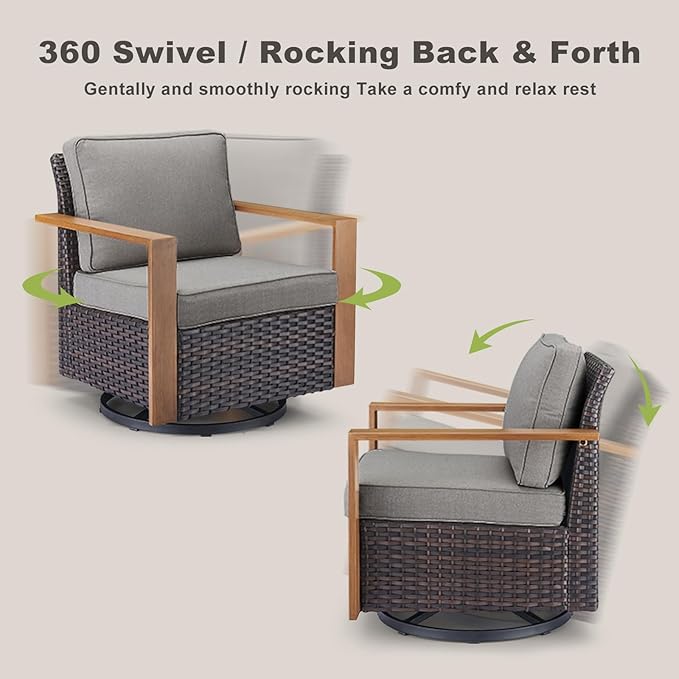 Rilyson Outdoor Patio Swivel Rocker Chairs - Wicker Rattan Patio Swivel Rocking Chairs Set of 2 with Metal Wide Armrest, Thick Cushions and Deep Seating for Deck Porch Sunroom Garden(Brown/Grey)