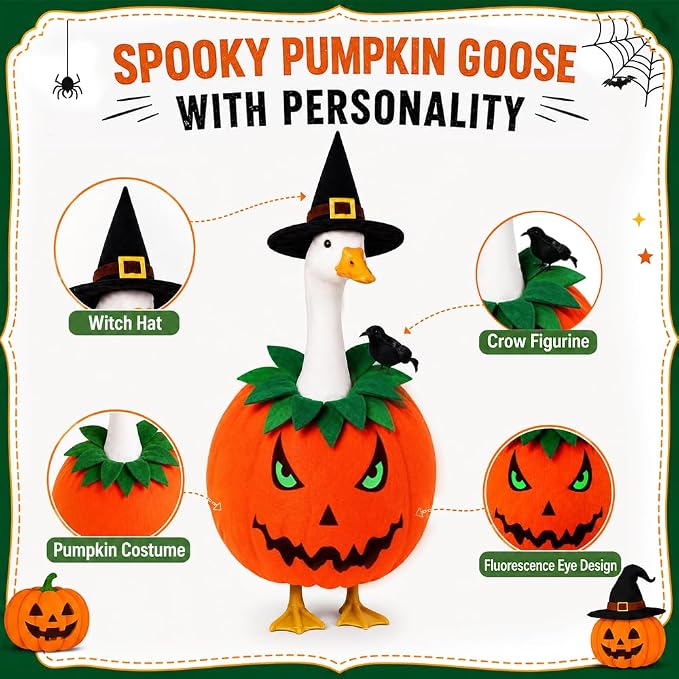 Celltestria Halloween Porch Goose Outfit Pumpkin Goose Clothes Fall Thanksgiving Crow Goose Costume for 23" Geese Autumn Holiday Outdoor Patio Yard Lawn Decoration