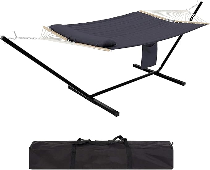 Double Hammock with Stand, Portable Hammock with Reinforced Steel Frame & Storage Bag, 450 Lb Capacity, Dark Gray