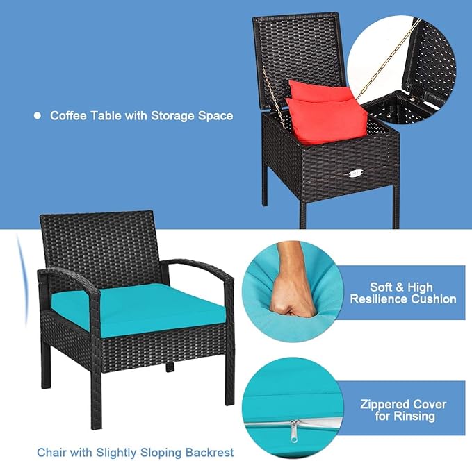 HAPPYGRILL 3 Piece Patio Furniture Set Rattan Wicker Sofa Set with Removable Cushions and Coffee Table, Outdoor Conversation Bistro Chairs Set with Storage Table for Garden Poolside Balcony