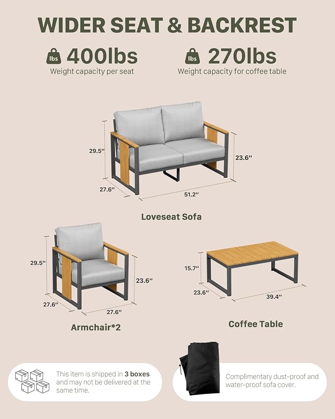 ZANDOR Outdoor Aluminum Patio Furniture Set 4 Piece Patio sectional Conversation Sets with Coffee Table Washable Thick Cushions, Patio Sectional Furniture Set for Porch, Balcony, Yard, Backyard