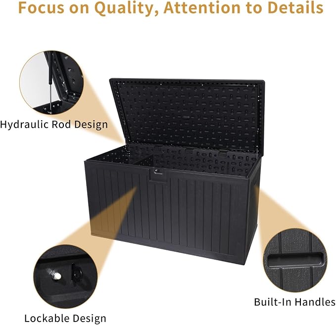 230 Gallon Outdoor Storage Box, Waterproof Deck Box with Lockable Design, Heavy-Duty Resin Container for Patio Cushions, Garden Tools, Black
