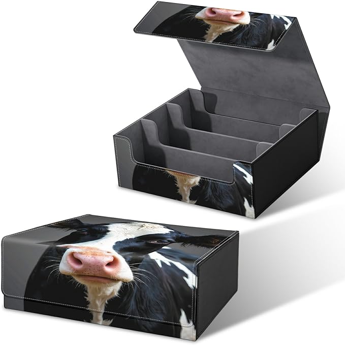 Large Card Deck Box for MTG, Fits 1200+ Sleeved Cards, PU Leather Storage Case with Strong Magnetic Closure, Multiple Colors Available for TCG CCG Baseball Card Collections, Black White Cow