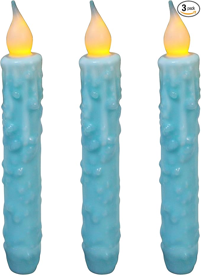 CVHOMEDECO. Real Wax Hand Dipped Battery Operated LED Timer Taper Candles Rustic Primitive Flameless Lights Decor, 6-3/4 Inch, Teal, 3 PCS in a Package