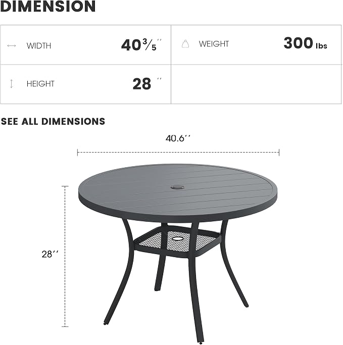 Patio Dining Table for 4, Round Metal Outdoor Table with Storage Shelf, 1.57" Umbrella Hole, 41" Outdoor Slat Tabletop Dining Table for Backyard, Porch, Lawn, Dark Grey