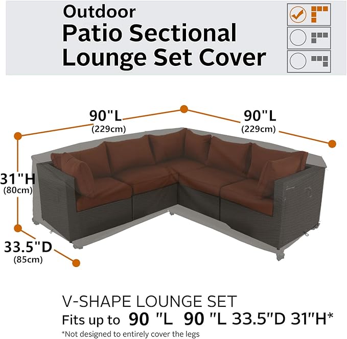 Heavy Duty Outdoor Sectional Sofa Cover, Waterproof 600D Patio Sectional Couch Protector, Lawn Patio Furniture Covers (Midnight Black, V-Shaped-90 x 90")
