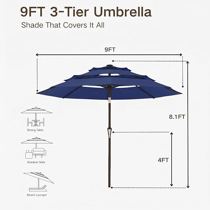 Kingdura 9ft 3-Tier Patio Umbrella, Outdoor Table Umbrella with Easy Crank & Tilt, 8 Reinforced Ribs, UV Protection for Deck, Pool, Market, Backyard (Navy blue)