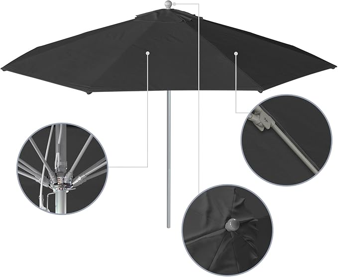 California Umbrella 11Ft Commercial Grade Market Umbrella, Pulley Lift, Aluminum/Fiberglass, 2mm pole wall, Silver Frame, Solution Dyed Black Fabric