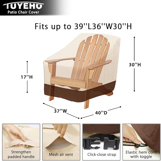 Tuyeho Patio Chair Cover 2 Pack, 40 x 37 x 30 inch, 900D Heavy Duty Outdoor Adirondack Chair Cover, Waterproof & Weather Resistant for Your Patio Lounge Deep Seat Chair (Beige & Brown)