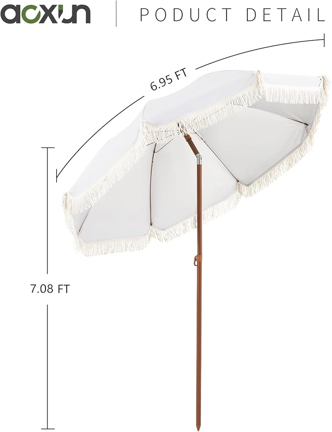 Aoxun 7ft Patio Umbrella with Fringe,Outdoor Beach Umbrella with Aluminum Pole, Ribs Push Button Tilt and Carry Bag, UV 50+ Picnic Tassel Umbrella (White)