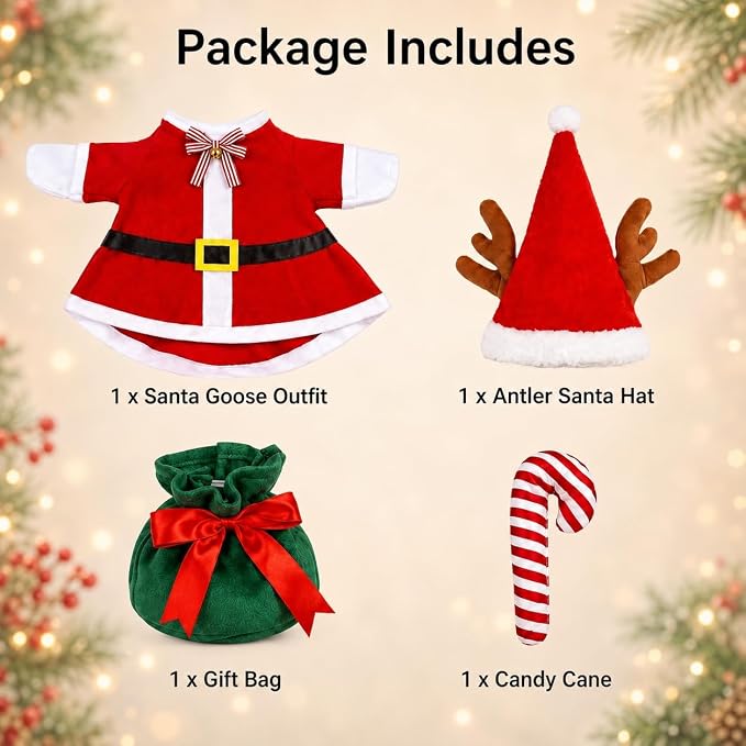 STONESTAR Christmas Porch Goose Outfits for 23" Goose Statue, Red Santa Coat with Antler Hat Jingle Bell Bow Tie Candy Cane Gift Bag Goose Costume for Patio Yard Xmas Santa Holiday Decor