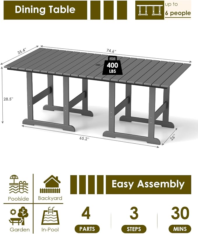 GREENVINES Outdoor-Dining-Table | 75” | HDPE | 2 Connectable Square Tables for 6 | Slatted | All-Weather | Patio Furniture | for Poolside Backyard Garden | Grey