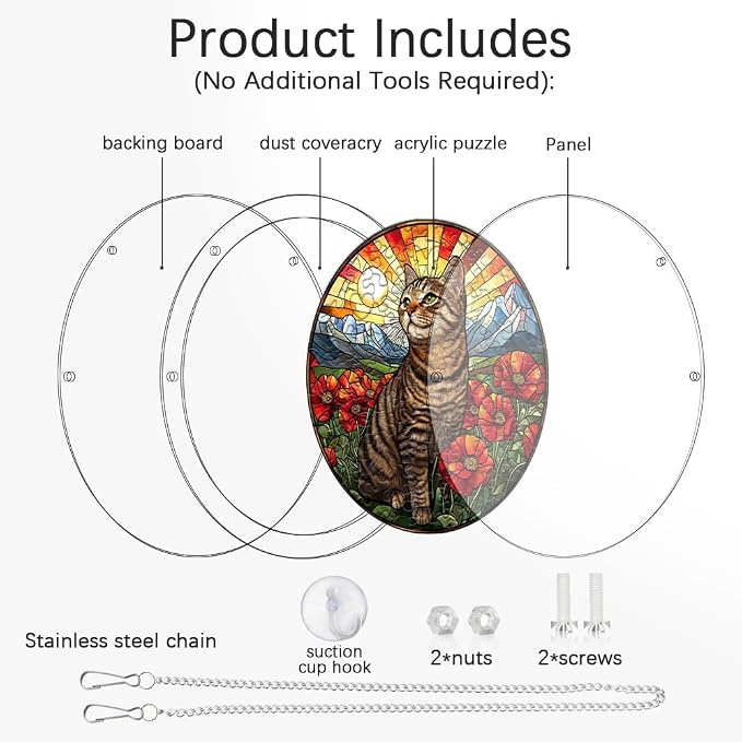 Acrylic Puzzle Suncatcher, Cat & Flower Stained Glass Window Hanging, Sun Catcher Puzzle Kit Home Garden Decor, Creative Mothers Day and Birthdays Gifts for Mom, Wife, Sisters, 7.87 inch