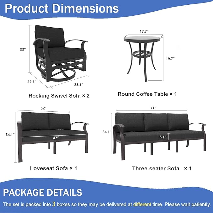 Kullavik Aluminum Patio Furniture Set,5 Pieces 7 Seat Metal Outdoor Furniture Conversation Set w/5.1" Cushions,Swivel Rocking Chairs Set,Black