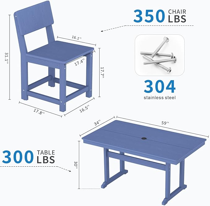 7-Piece HDPE Outdoor Patio Dining Set,Modern Plastic Dining Sets，Patio Table and Chairs Set with Umbrella Hole Cut-Out Table and 6 Chairs Navy