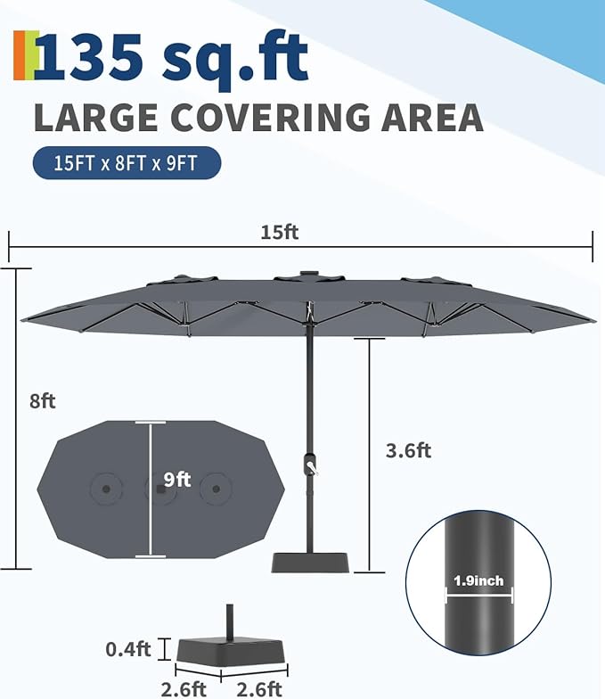 GarveeLife 15 ft Large Patio Umbrella with Lights, 36 LED Lights Double-sided Patio Umbrella with Weighted Base for Poolside Garden Backyard