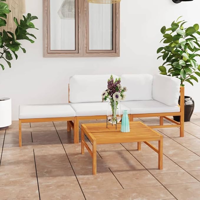 Backyard Furniture Patio Conversation Sets Outdoor Seating 4 Piece Patio Lounge Set with Cream Cushions Solid Teak Wood Suitable for Swimming Pool, Courtyard, Garden