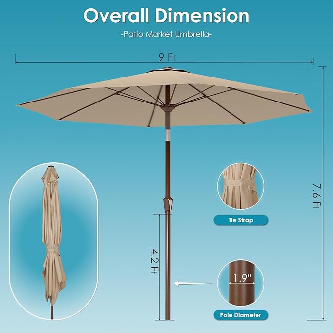 GREENVINES 9-FT-Patio-Umbrella | Outdoor-Table-Umbrellas | 8 Sturdy Fiberglass Ribs | Push Button Tilt & Crank | Waterproof | Market Umbrella | for Pool Backyard Garden Deck | Tan
