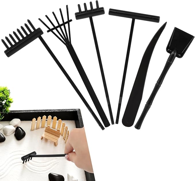 6 Pcs Mini Zen Garden Rake Tools, Miniature Tabletop Rock Zen Sand Rake Set with Pushing Drawing Pen 3 Small Rakes, Mini Sand Stamp Rakes, Meditation Rock Garden Accessories(Black)