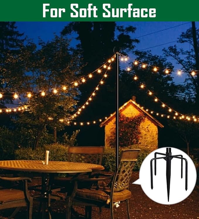 10ft String Light Pole for Soft Surfaces, Light Pole for Outdoor String Light, Perfect for Garden, Backyard, and Patio Lighting Stand for Parties, Wedding - Matte Black Finish - 1 Pack