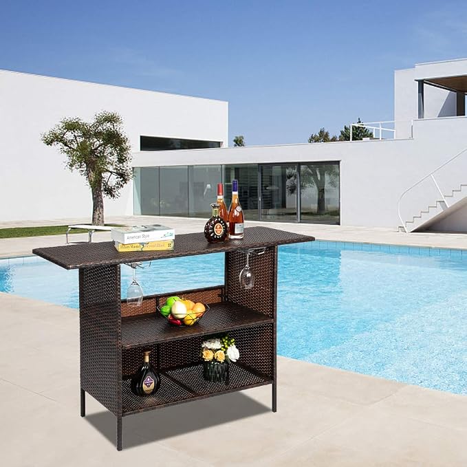 Bar Patio Rattan Counter Table, Outdoor Bar Table,Patio Bar Height Counter Table,Console Table for Hot Tub, Balcony, Yard,Outdoor Patio Wicker Bar Counter Table Backyard Furniture 140 x 47 x 92CM