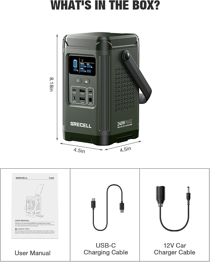 GRECELL T200 Portable Power Station 240W, Lithium Battery Solar Generator, USB-C PD 60W, LED Flashlight for Camping Home Emergency Outdoor Travel