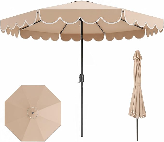 RELAX4LIFE 10 FT Scalloped Patio Umbrella, Market Table Umbrella with Push Button Tilt, Crank, 8 Sturdy Metal Ribs, Vented Top, Sun-Protective Ruffled Canopy, Heavy-duty Outdoor Parasol for Garden Poolside Deck