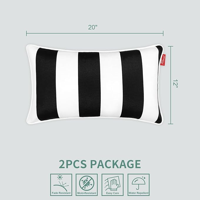 Pcinfuns Pack of 2 Outdoor Lumbar Pillows,20x12 Inch All-Weather Water-Resistant Patio Pillows with Inserts,Decorative Pillows for Patio Furniture,Couch,Sofa,Poolside,Black White