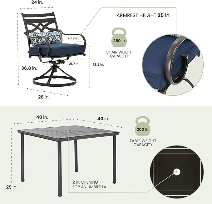 Hanover Montclair 5-Piece Outdoor Dining Set with Stamped Steel Square Dining Table and 4 Swivel Rocker Chairs with Cushions, Weather-Resistant Patio Dining Set for 4, Patio, Backyard, Deck