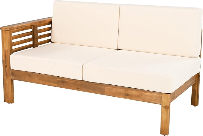 Christopher Knight Home Havets 81.25" Sectional L Shaped Sofa, 4 Pieces Acacia Wood Patio Furniture Set, Slat Coffee Table, Spacious Seat and Table Set for Backyard Garden Balcony, Teak+Beige