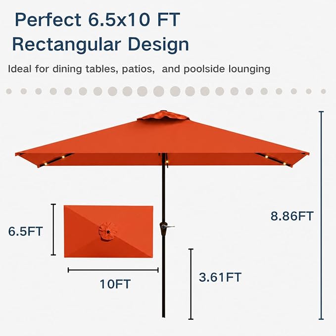 6.5 x 10ft Rectangular Patio Umbrella with Solar Lights, 16 LED Lighted Market Umbrella with Push-Button Tilt and Crank, 6 Sturdy Iron Ribs for Garden, Deck, Pool, Terracotta