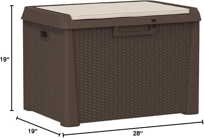 Patio Storage Box with Seat Cushion 33 Gallon Outdoor Deck Box Brown Rattan Design Weather-Resistant PP Material for Garden Poolside Furniture Storage Bench