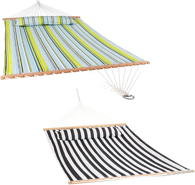Sunnydaze Set of 2 Outdoor Quilted Fabric Hammocks - 2-Person Hammock with Spreader Bars - Black/White and Blue/Green