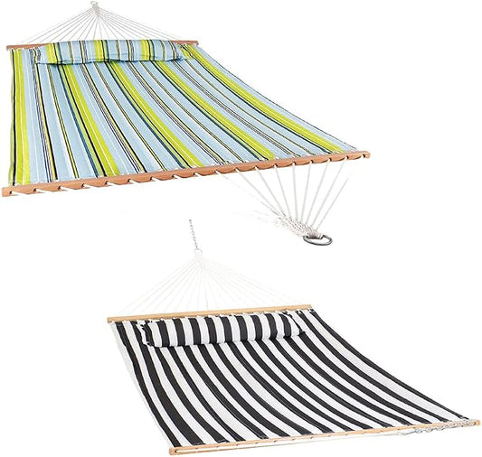 Sunnydaze Set of 2 Outdoor Quilted Fabric Hammocks - 2-Person Hammock with Spreader Bars - Black/White and Blue/Green