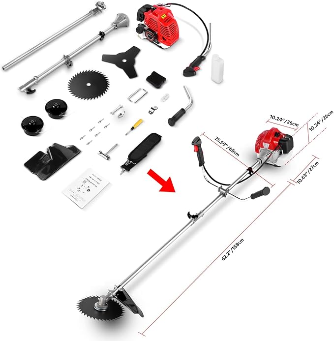 4-in-1 String Trimmer Gas Powered Weed Wacker, 58cc 2-Cycle Brush Cutter with 18" Cutting Path, Straight Shaft Gas Weed Eater with 4 Detachable Heads for Lawn, Garden, Yard, Red