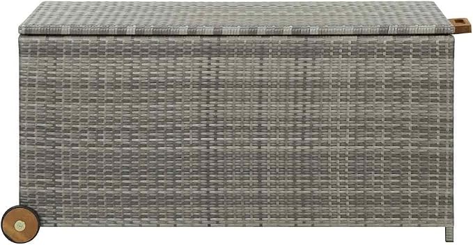 Outdoor Storage Box with Wheels 47.2x25.6x24 Inch Light Gray Poly Rattan Deck Box for Patio Garden Furniture, Cushion Organizer with Wooden Handle and Gas Lift Lid