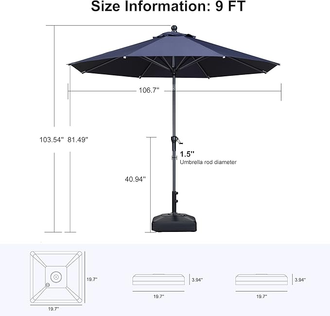 PURPLE LEAF 9' Round Patio Market Umbrella with Base Outdoor Table Umbrellas Aluminum Frame Sun Shade with 8 Sturdy Ribs Tilt for Garden Deck Lawn Pool Navy Blue