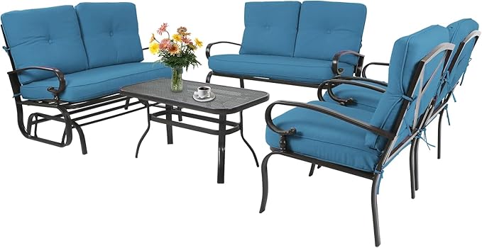 Incbruce 5 Pcs(6 Seats) Outdoor Metal Furniture Sets Wrought Iron Patio Conversation Sets, (Glider, 2 Single Chairs, Loveseat, and Coffee Table) with Cushion (Peacock Blue)