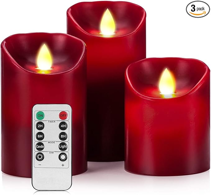 Enpornk Flameless LED 4/5/6-Inch Drip-Less Wax Pillar Candles - Real Wax & Real Flickering Candle Motion - with Remote 24-Hour Timer Function,Burgundy Color,Sets of 3