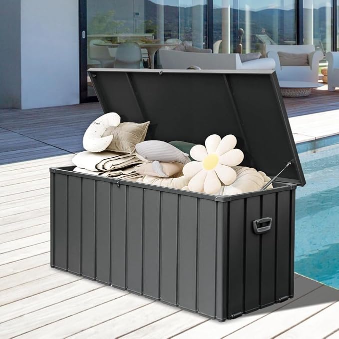 Large 120-Gallon Waterproof Outdoor Storage Box for Patio, Deck, or Poolside – Durable Weather-Resistant Design with Lockable Lid (190 Gallon (Dark Gray))