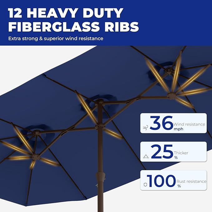 BRIOPAWS 15-FT-Large-Patio-Umbrella-with-Base | Double-Sided | Outdoor Table Umbrellas | w/Crank Handle | 12 Sturdy Fiberglass Rib | UV-Protection | for Garden Deck Backyard Pool | Navy Blue